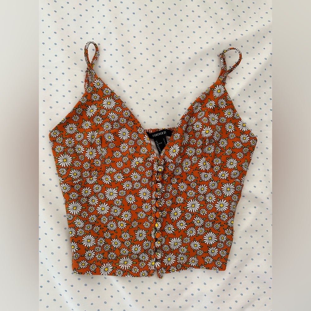 Forever 21 Orange Daisy Print Cami Top | Button Front | Summer Floral